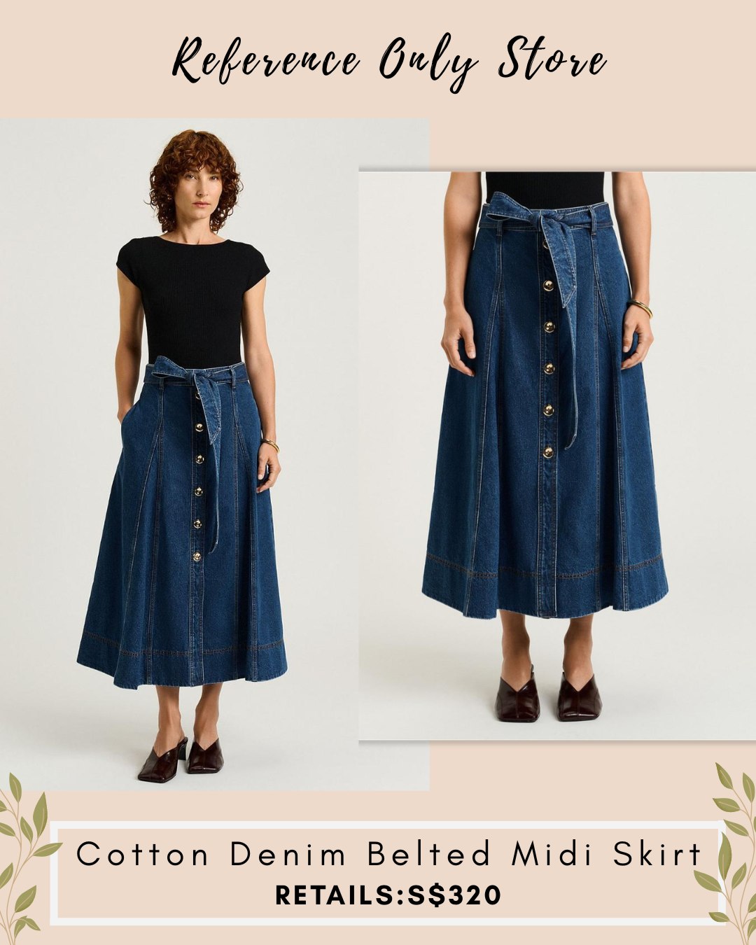 VM Denim belted cotton midi skirt