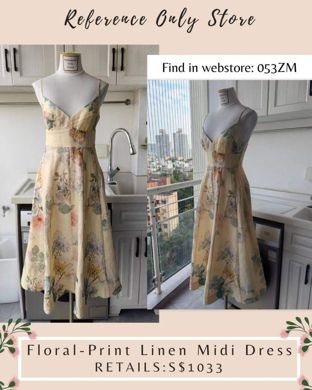 053zm floral print linen midi dress