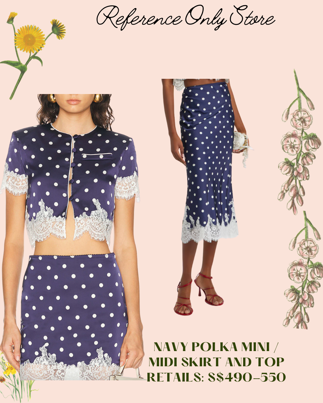 SP Dark Blue polka dot midi / mini skirt and crop top