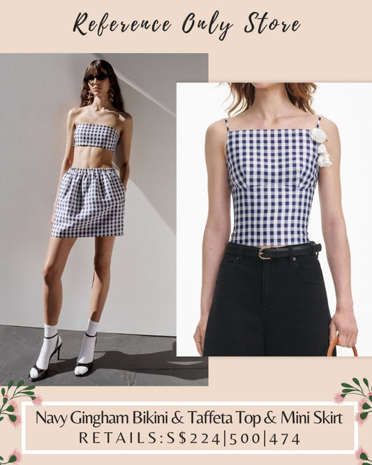SP navy Gingham bikini top , taffeta top , mini skirt