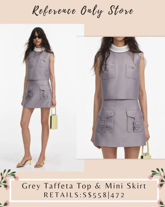 SP grey taffeta top and mini skirt