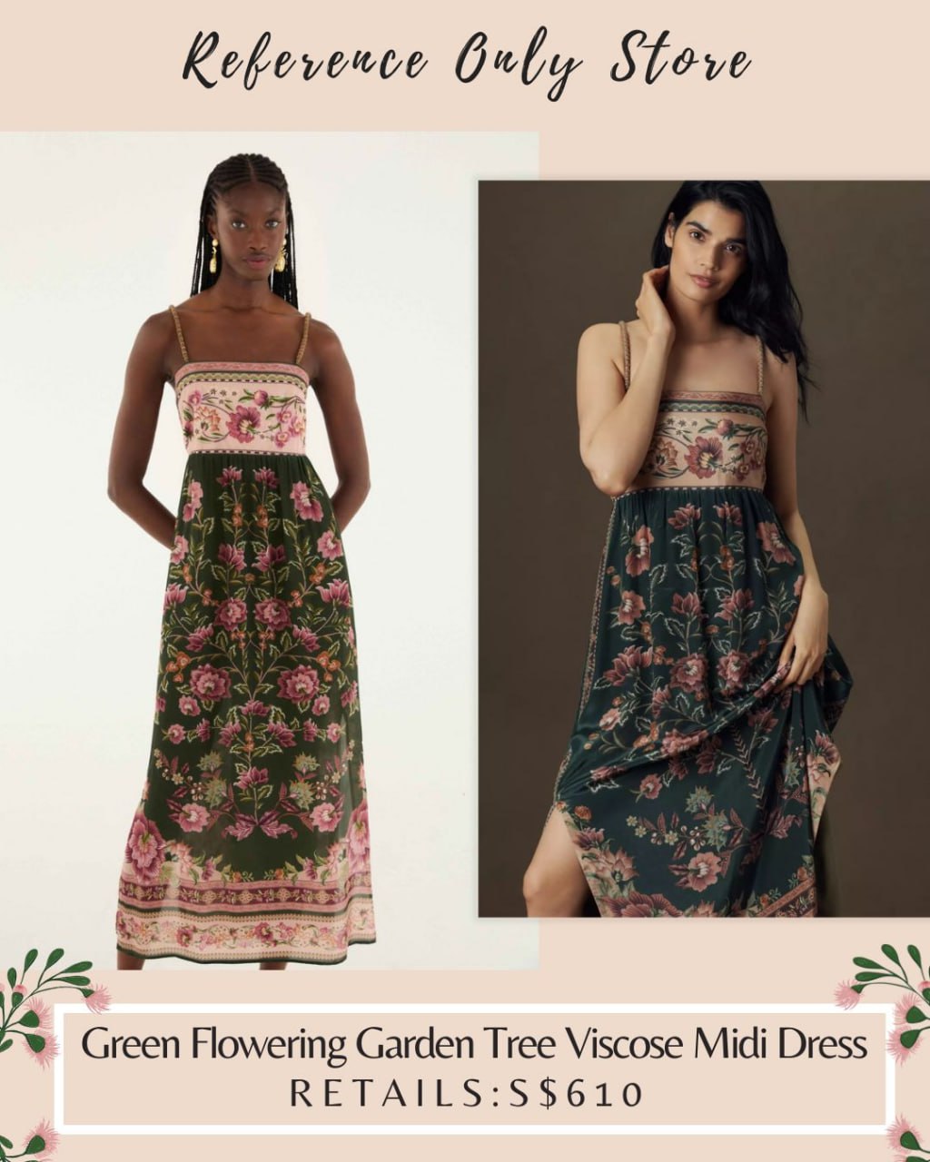 FR Green Flowering garden tree viscose midi dress