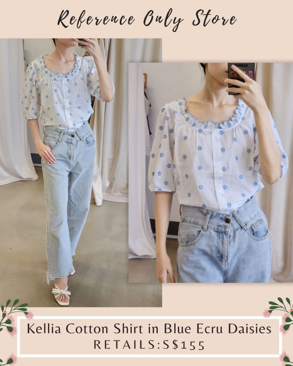 SZ Kellia cotton ivory shirt blue ecru daisies