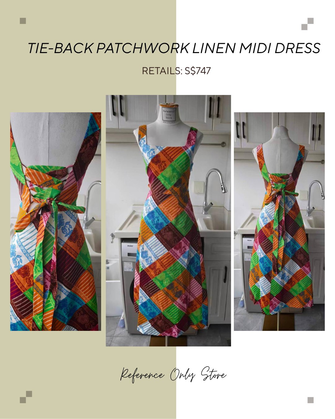 AM Tie back patchwork linen midi dress