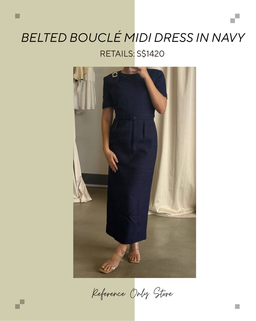Belted boucle midi dress in navy