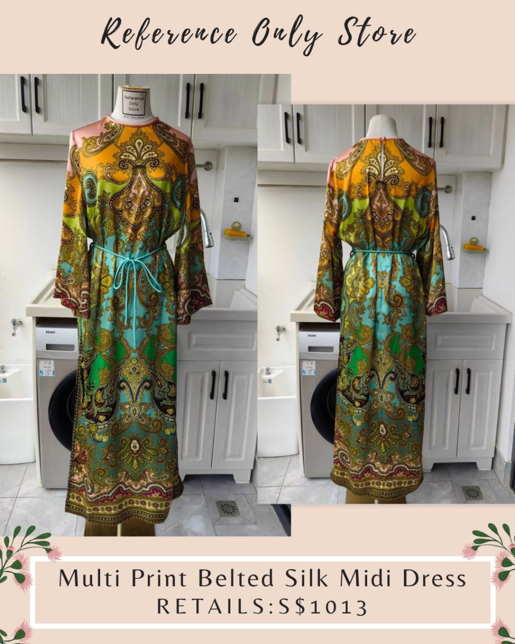AM multi print belted silk midi dress