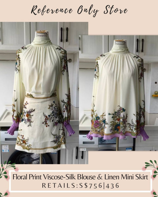 AM floral print viscose silk blouse and mini linen skirt