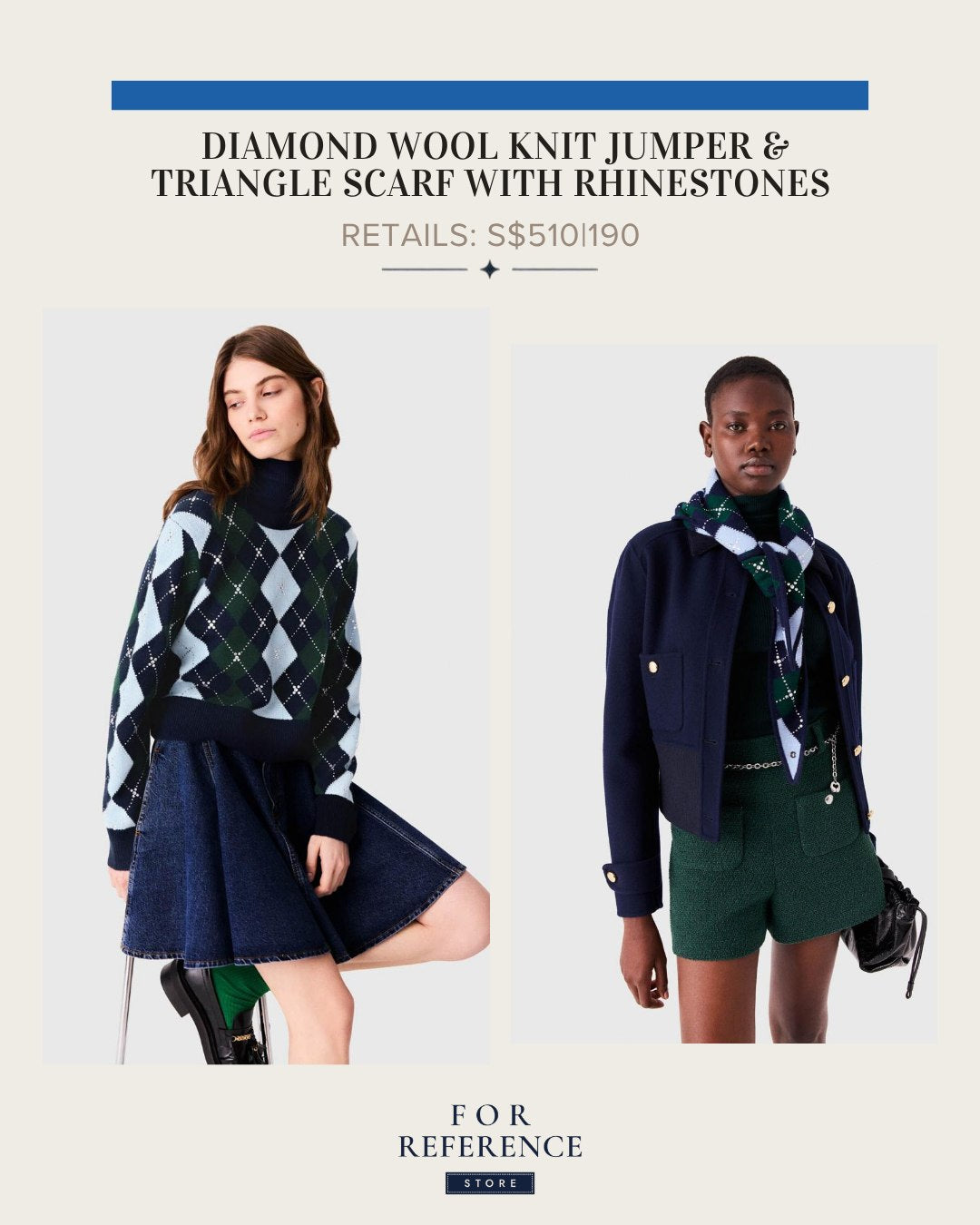 Diamond wool knit jumper in green blue navy and triangle scarf with rhinestones