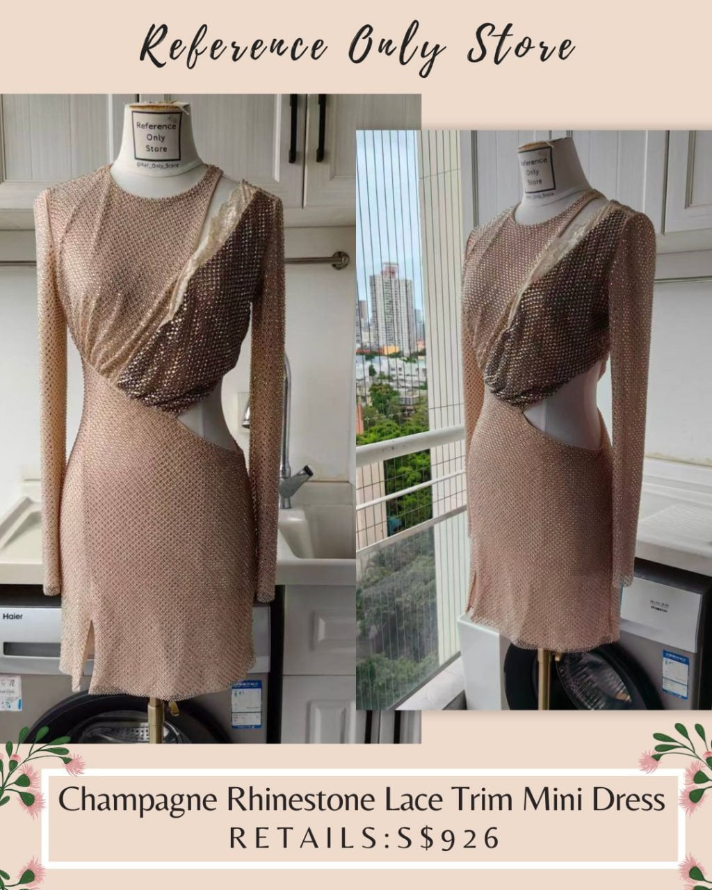 SP champagne rhinestone lace trim mini dress