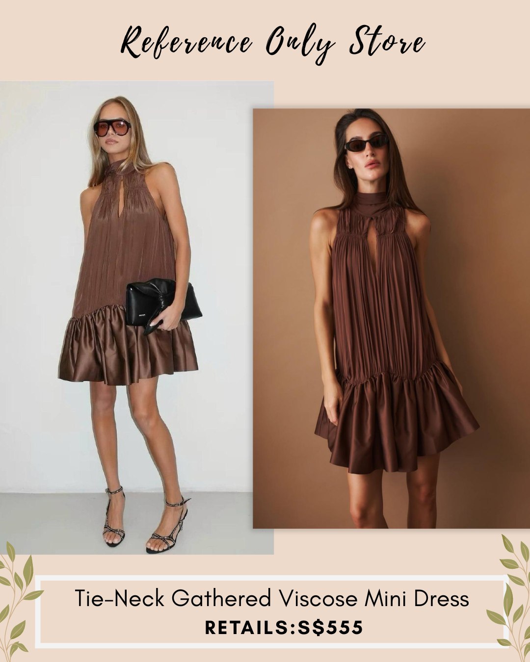 RTT Tie neck gathered brown viscose mini dress