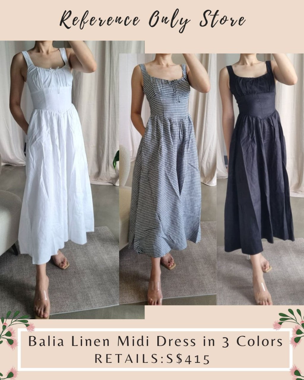 Ref Balia Linen Midi Dress in Ivory | Black | slate check