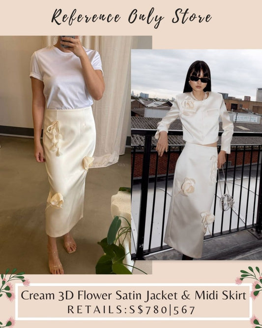 SP cream 3D flower satin jacket and midi skirt