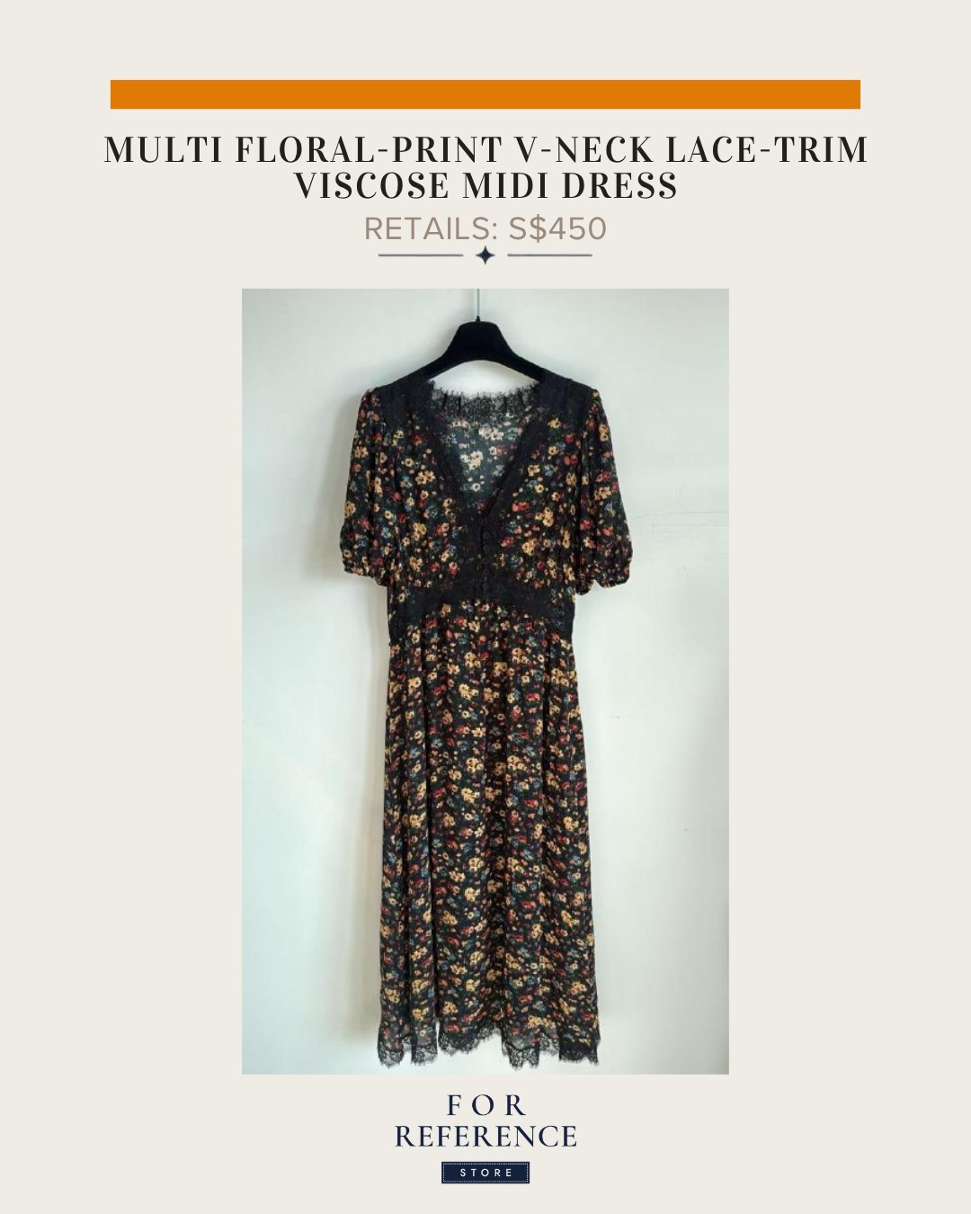 Multi floral print v neck lace trim midi dress