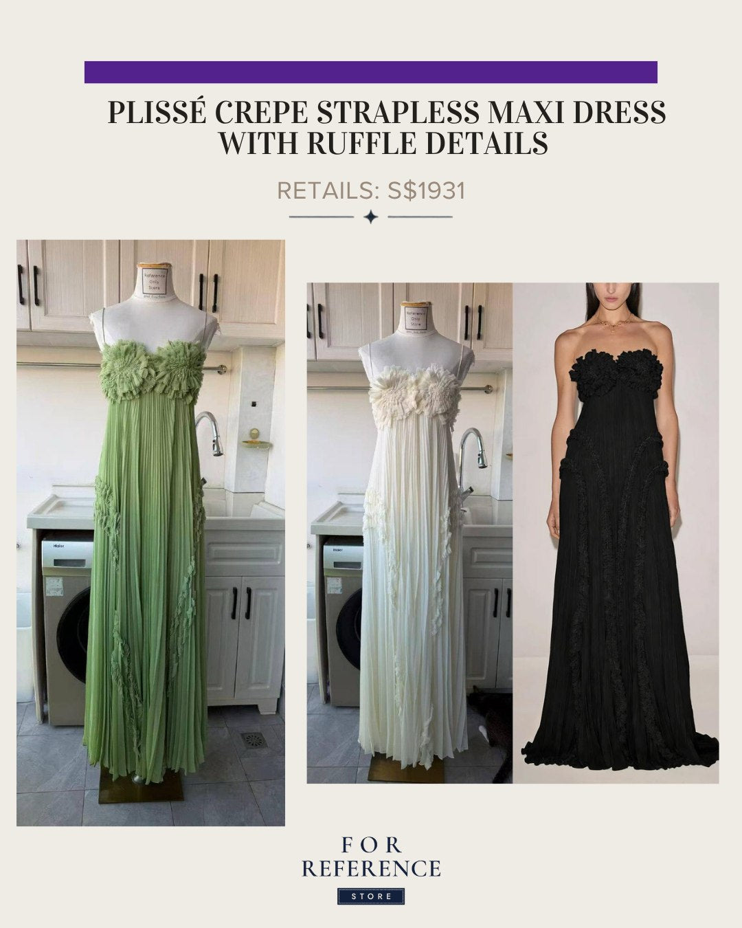 Plisse Crepe Strapless maxi dress gown with ruffle details