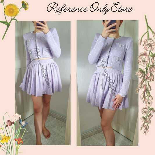 Sp Lilac Sequin Knit Cardigan & Pleated Mini Skirt
