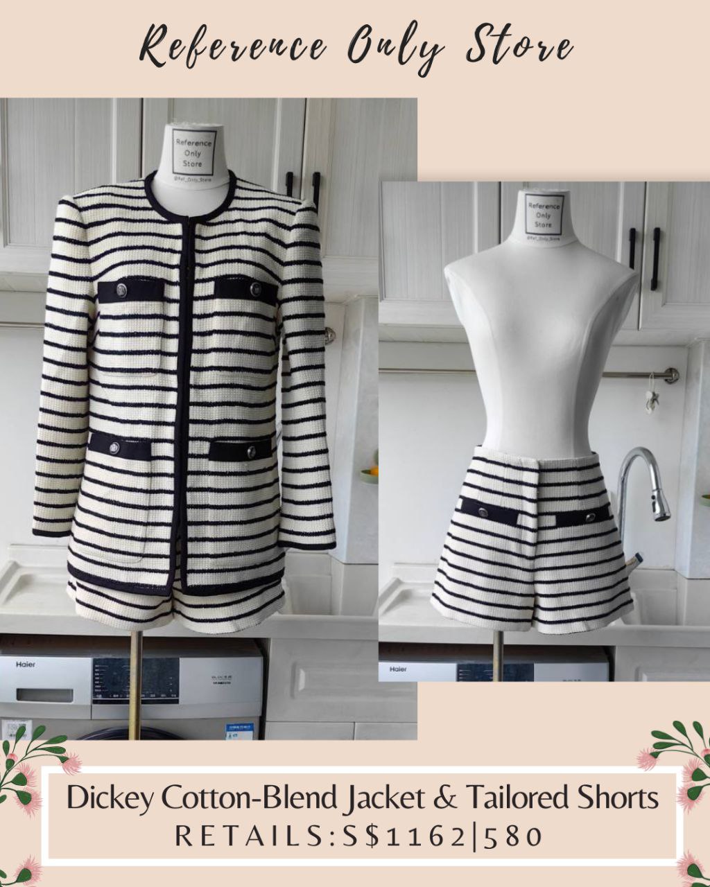 VB Dickey Black White stripe cotton blend jacket and tailored shorts