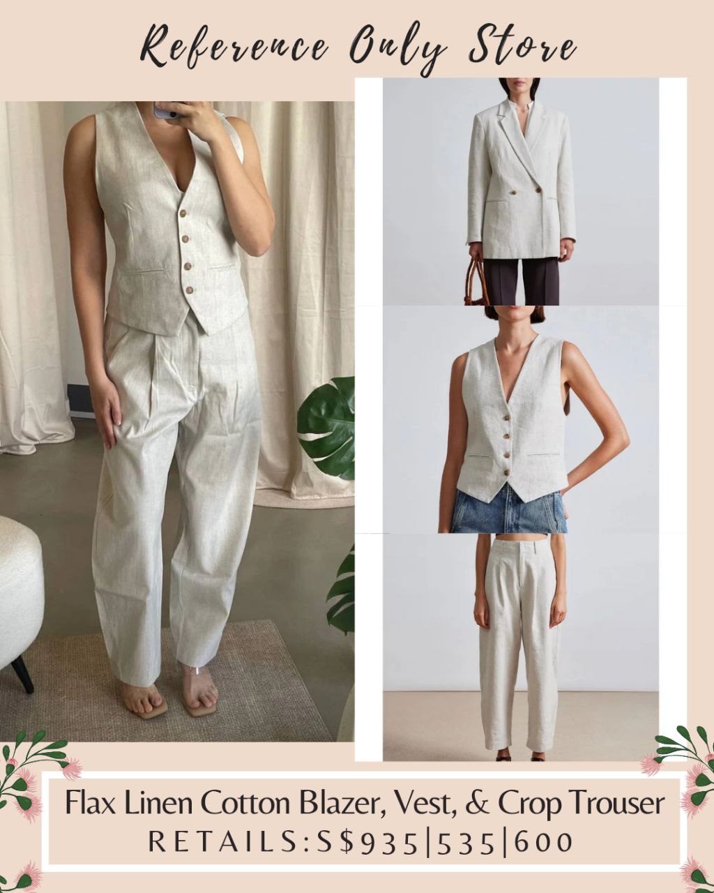 AA Flax Linen Cotton Blazer, Vest, Crop Trouser Pant