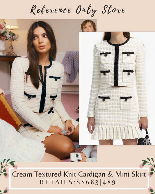 SP Cream textured knit cardigan and mini skirt
