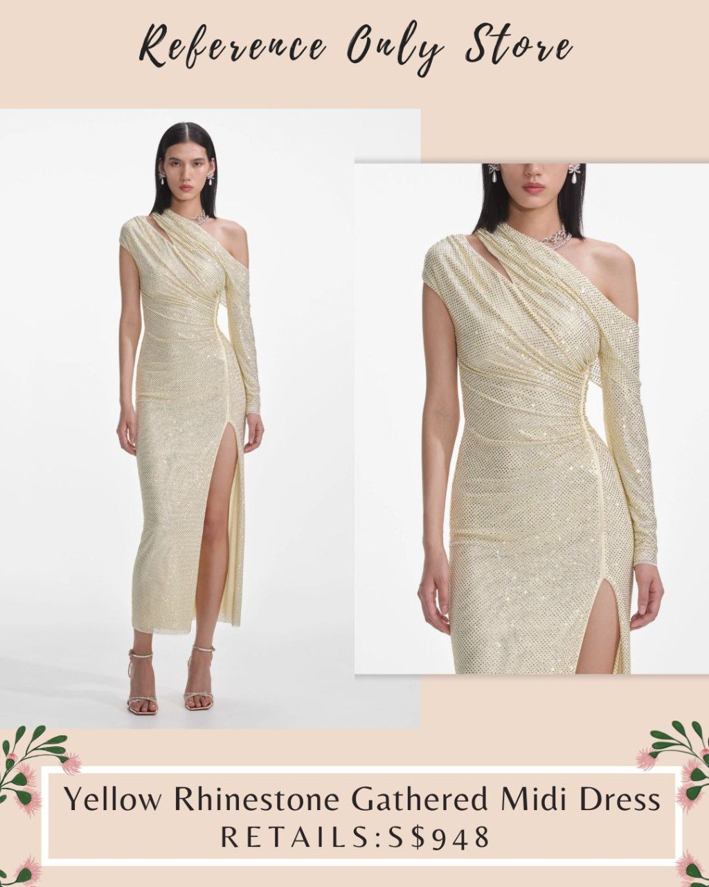 SP Yellow Rhinestone Gathered Midi Dress