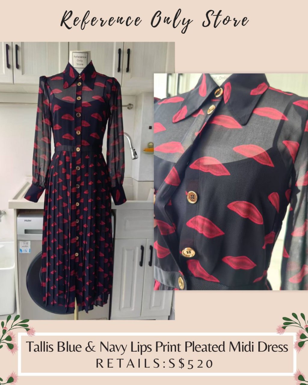 LKB Tallis Lips Print belted pleated midi dress