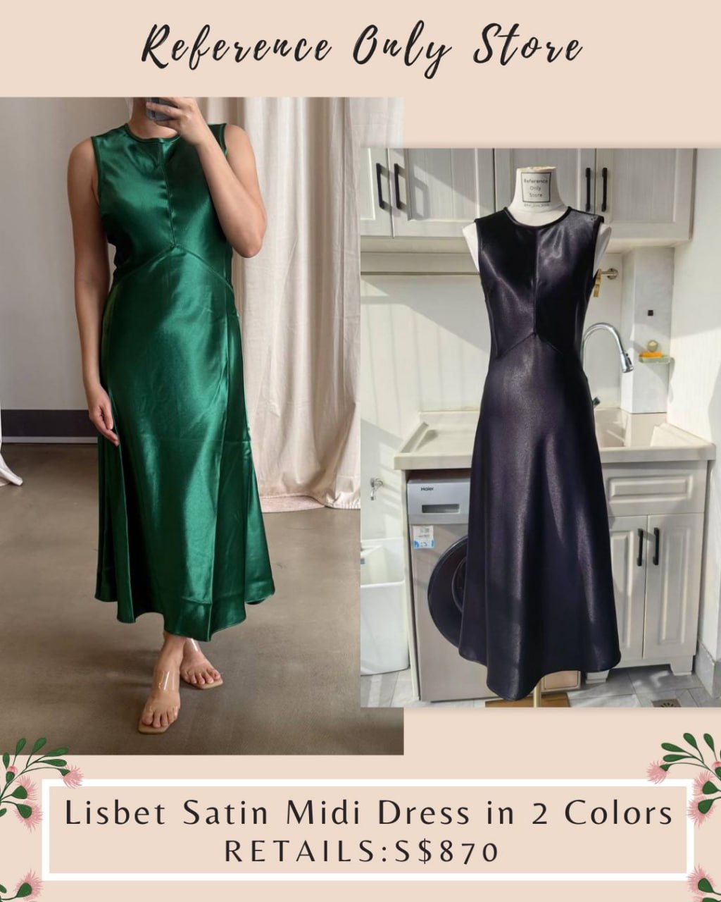 2 colors! UJ Lisbet Satin Midi Dress in Emerald green | black