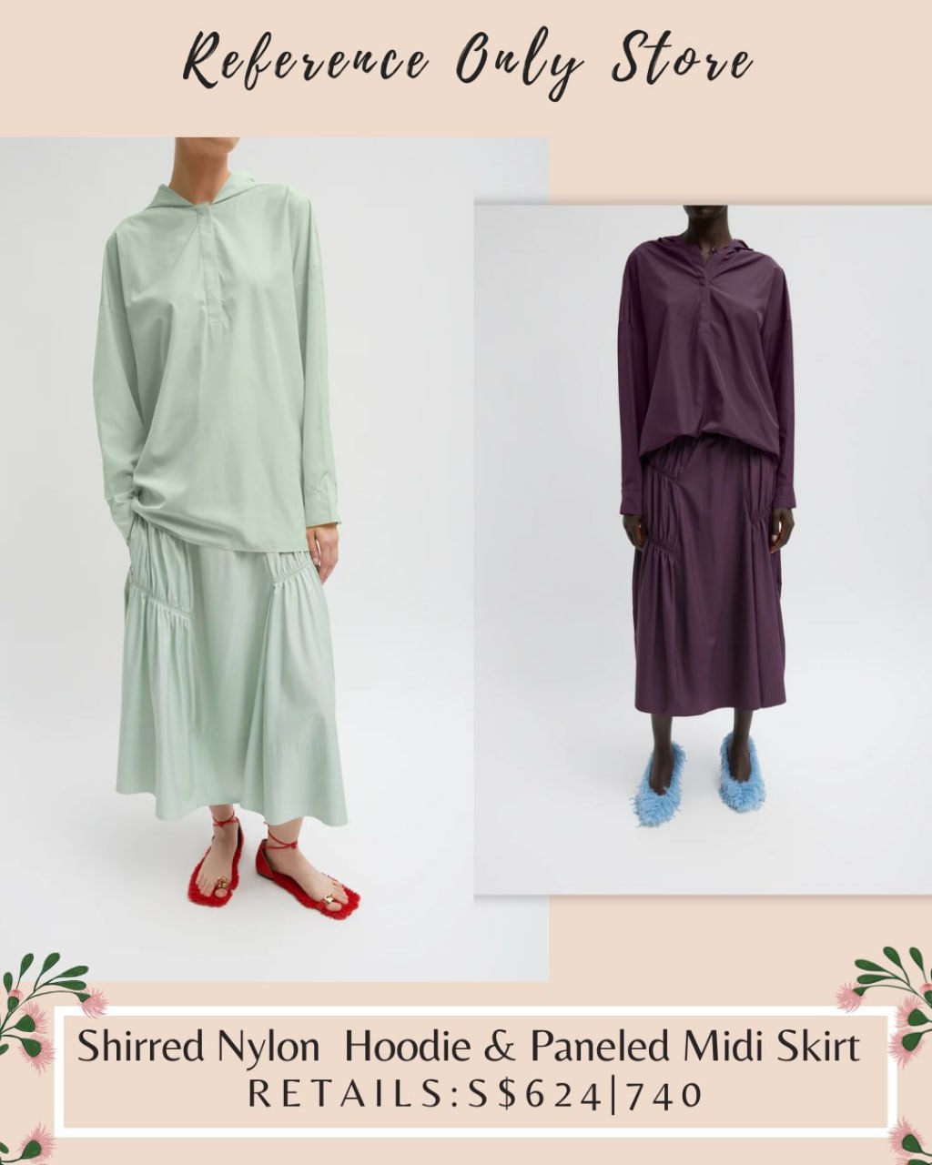 TB Shirred nylon hoodie and paneled midi skirt