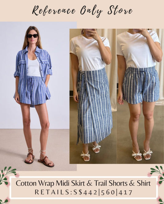 AA De vera cotton blue stripe shirt,  wrap skirt & trail shorts