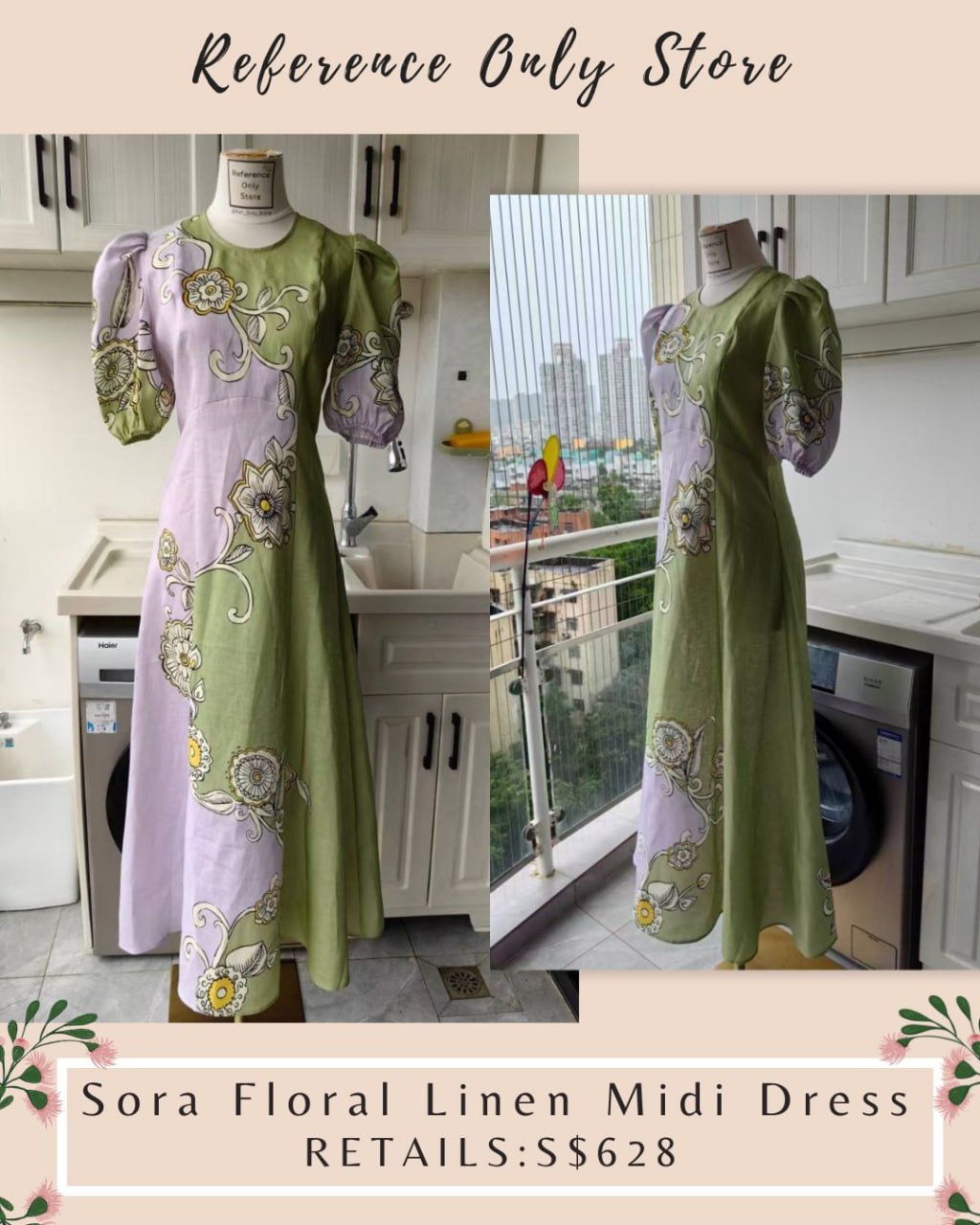 AM Lilac green floral puff sleeve midi dress