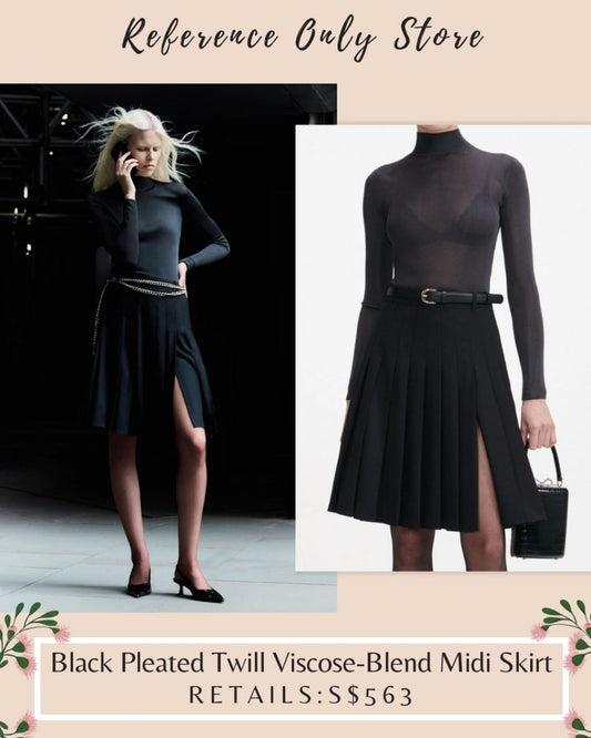 SP Black pleated twill viscose blend midi skirt