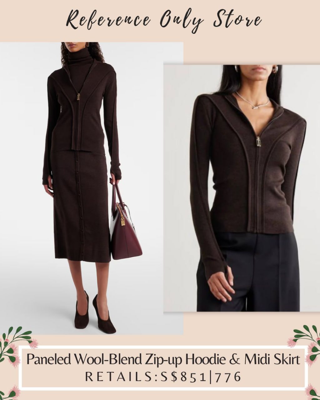 VB Paneled wool blend zip up hoodie & midi skirt