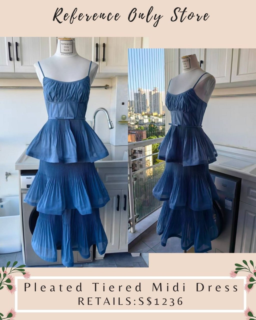 052ZM Pleated tiered blue midi dress