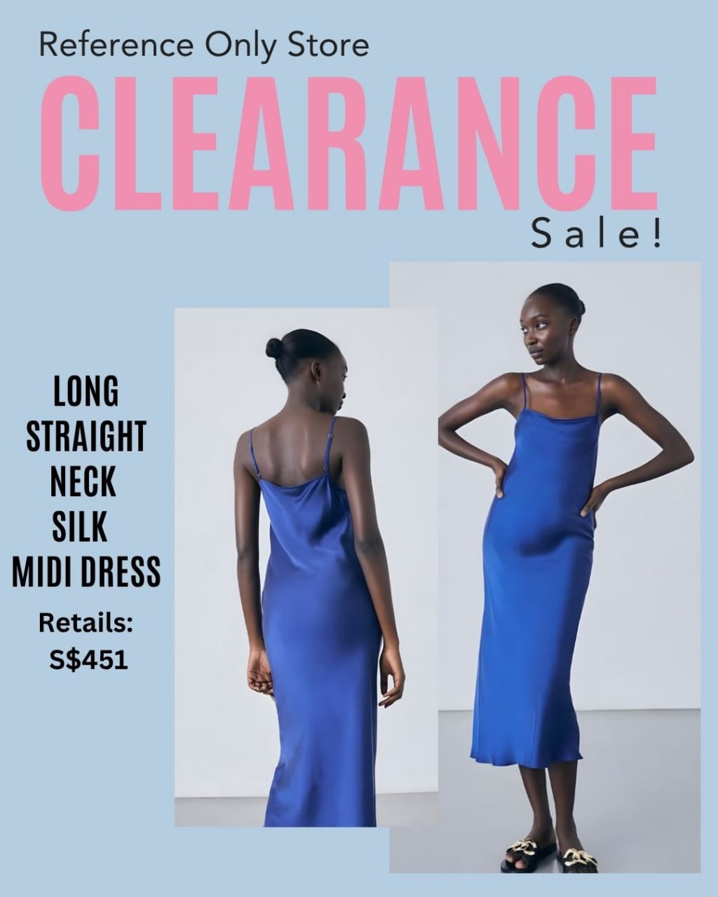 SL Blue Long straight neck silk midi dress