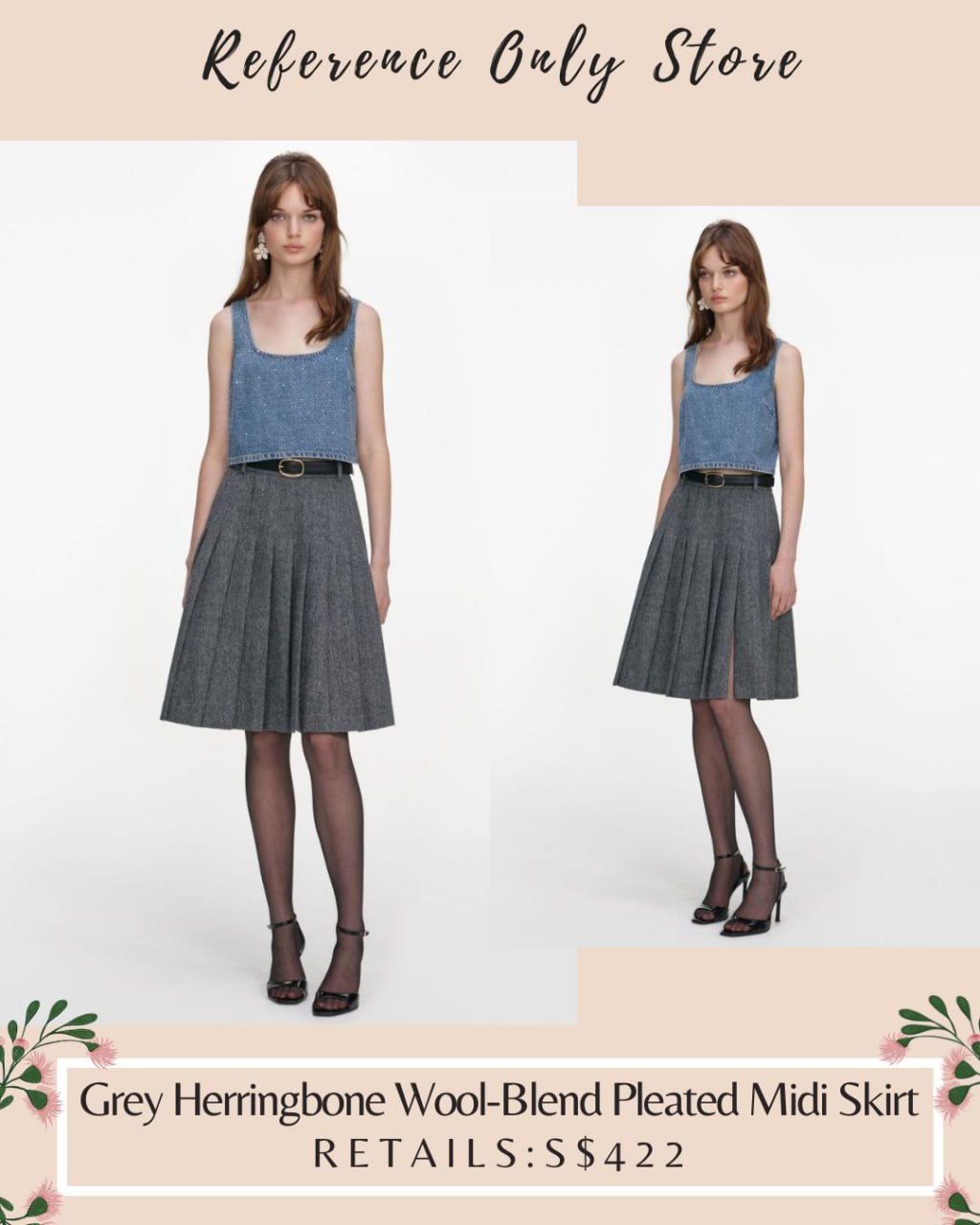 SP grey herringbone wool blend pleated skirt