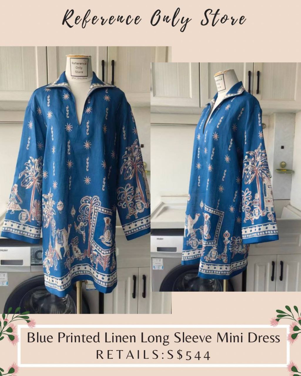 AM Blue printed linen long sleeve mini dress