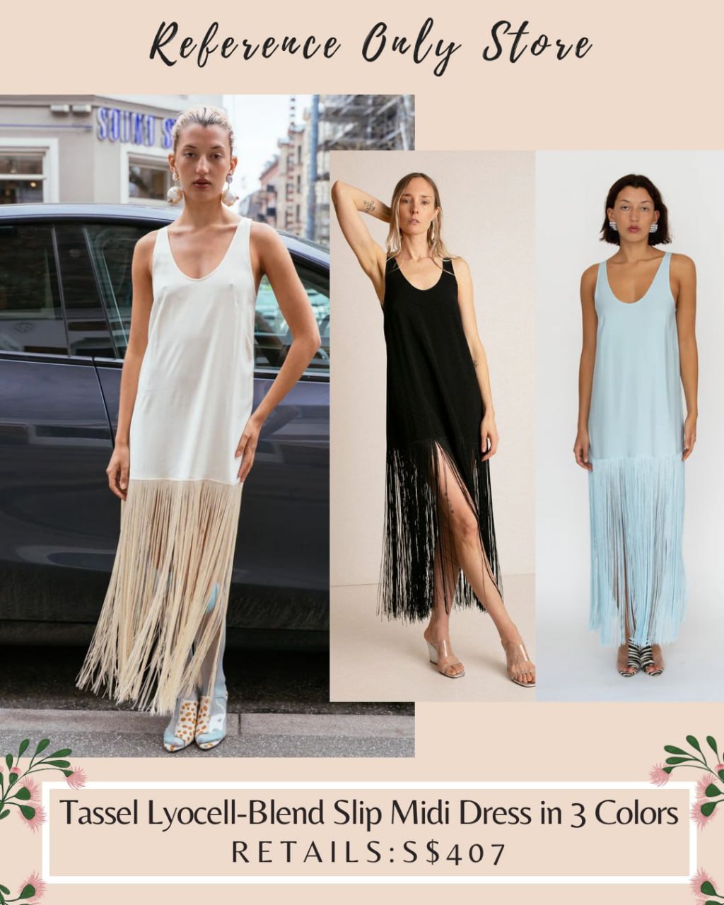 ML Tassel Lyocell blend slip midi dress in 3 colors