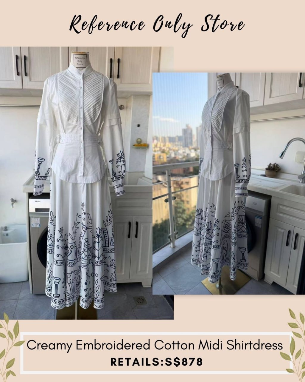 AM Creamy Embroidered cotton midi shirt dress