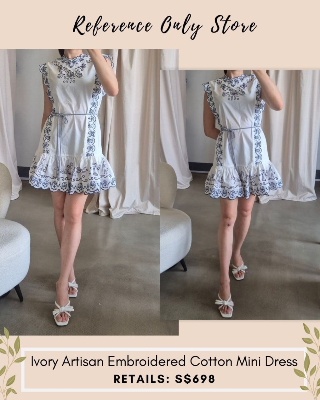 AM white ivory artisan Cotton Embroidered Blue Details mini dress