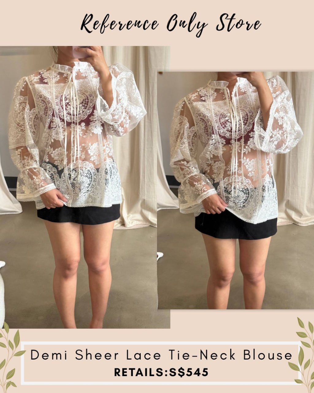 RS Demi sheer lace white tie neck blouse top