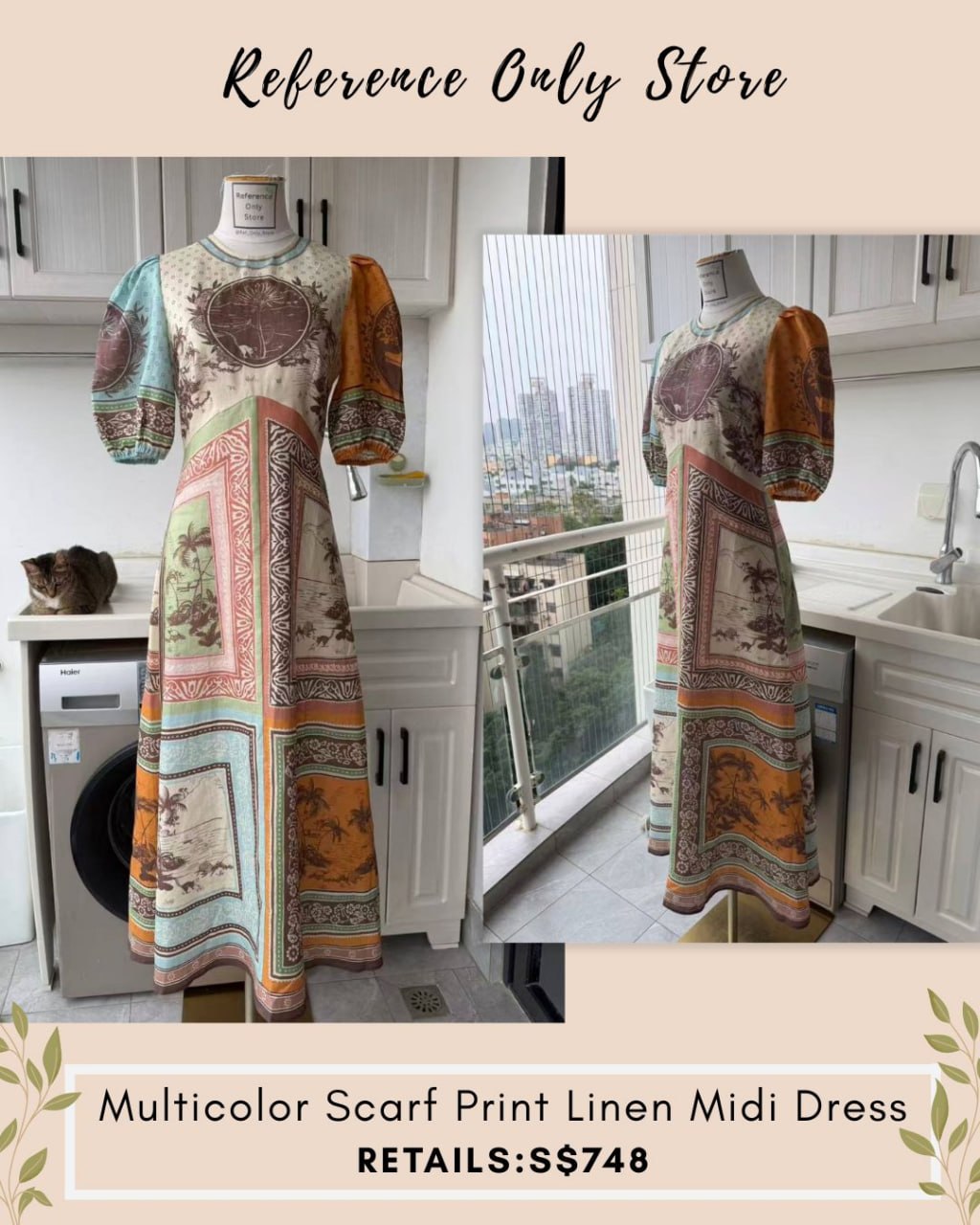 AM Scarf print multicolor linen midi dress