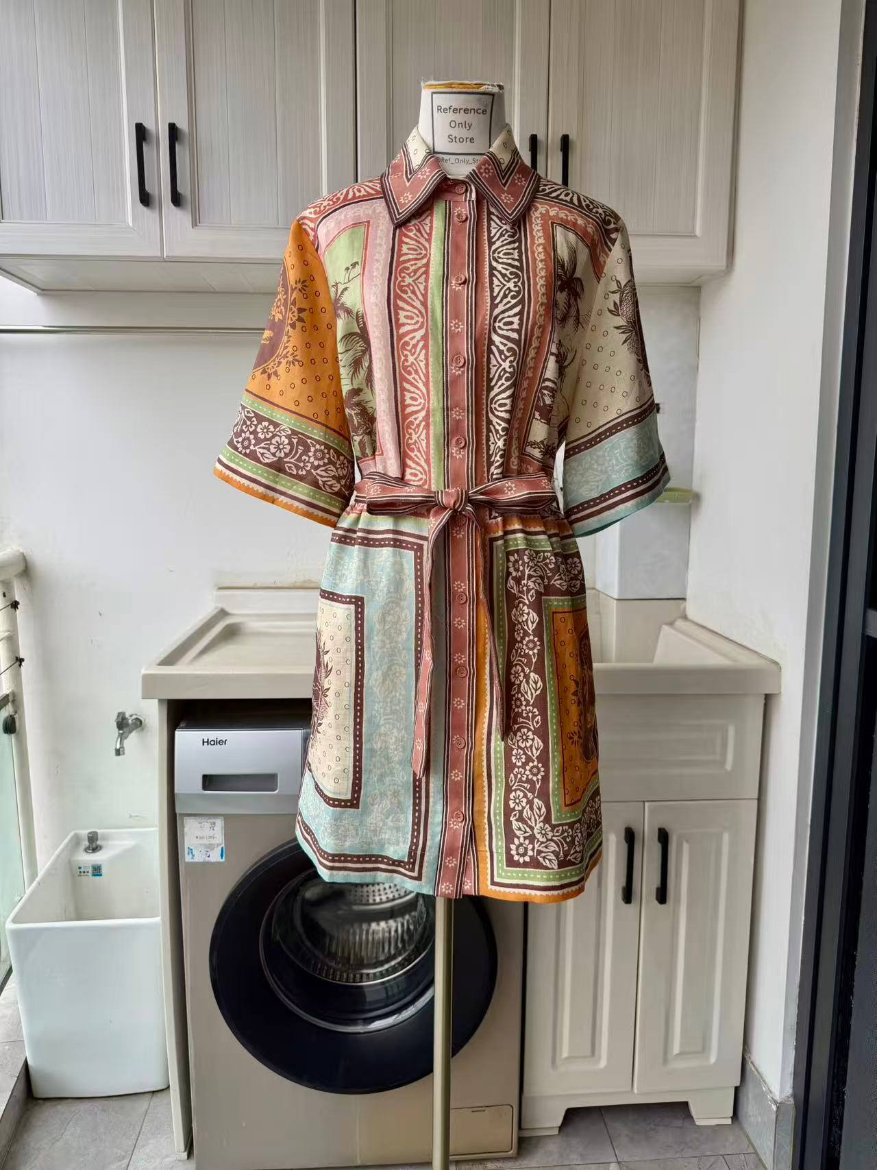 AM Scarf print multicolor belted linen mini dress