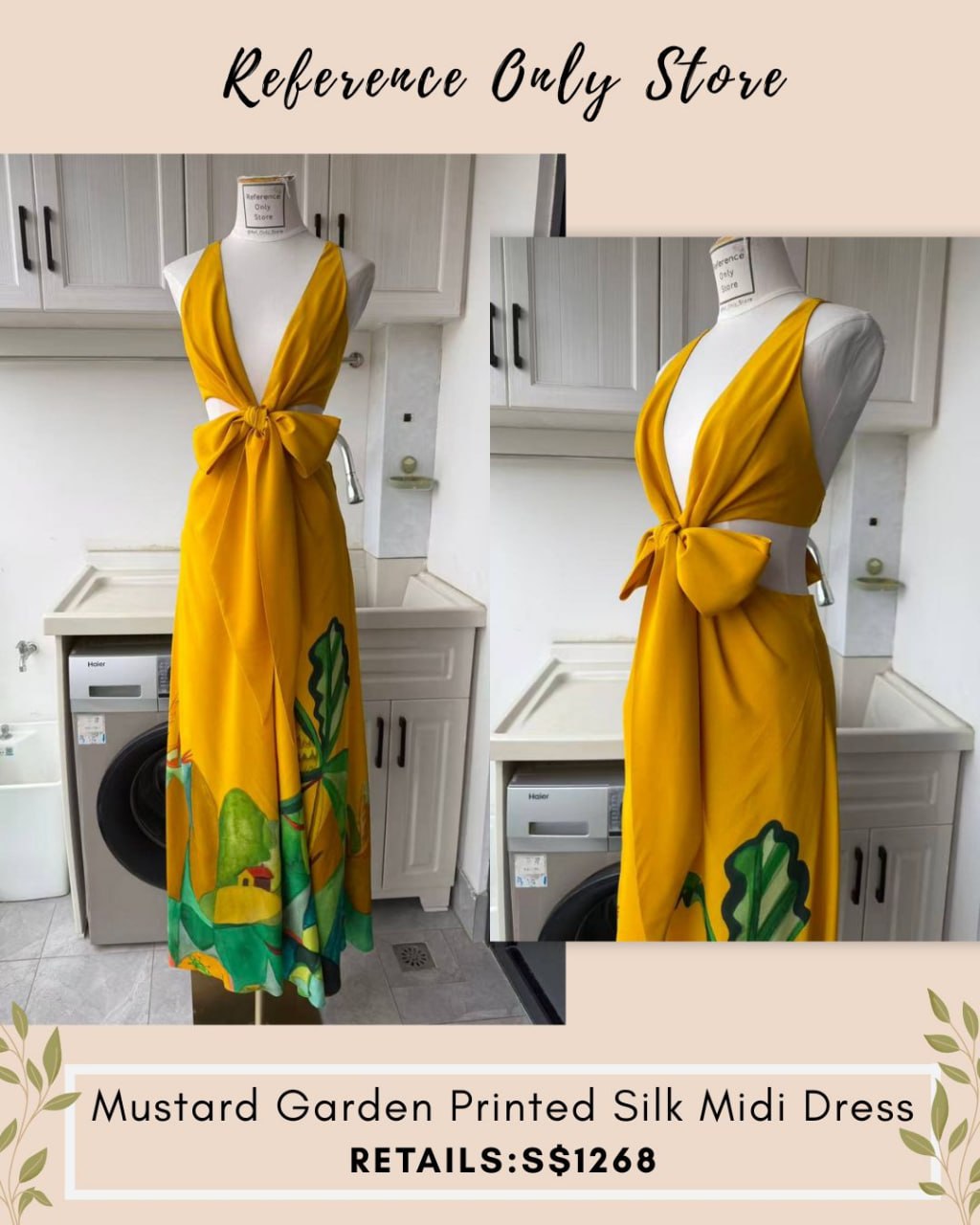 AM Mustard garden printed silk midi dress