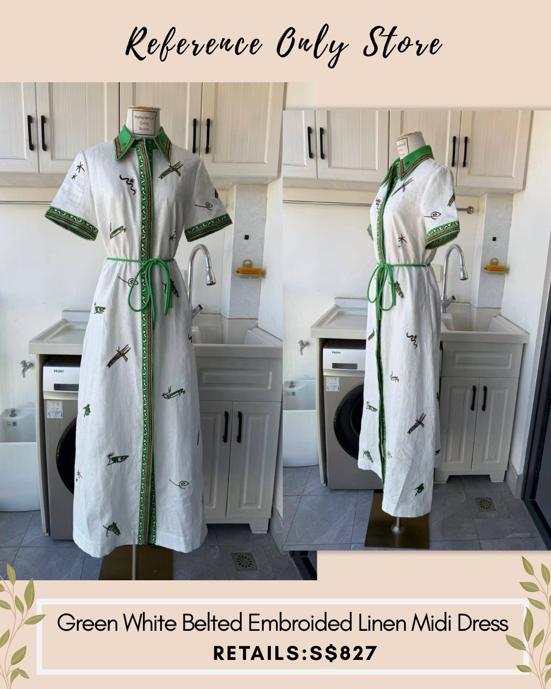 AM Green white embroidered linen midi dress