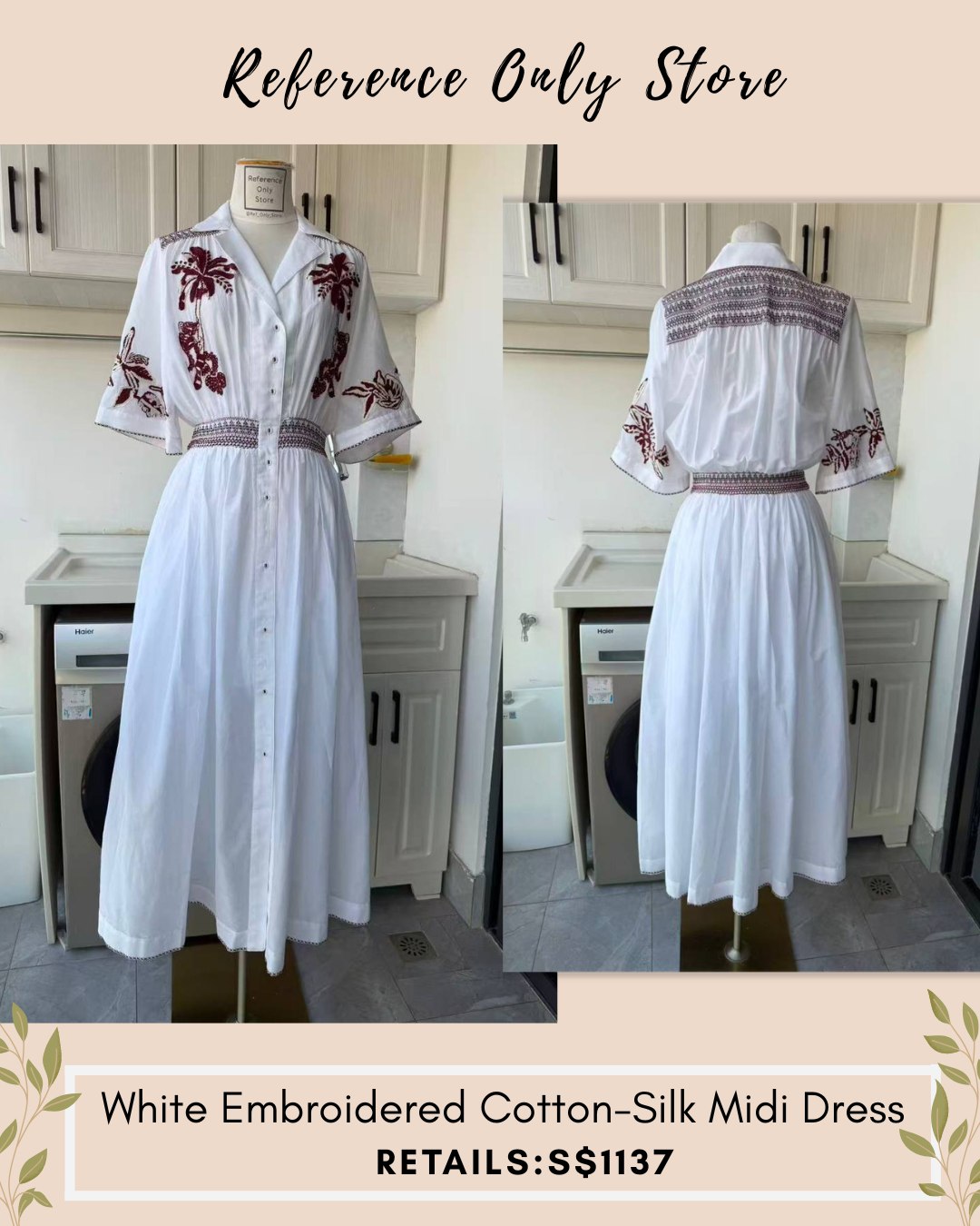 AM White embroidered cotton silk midi dress