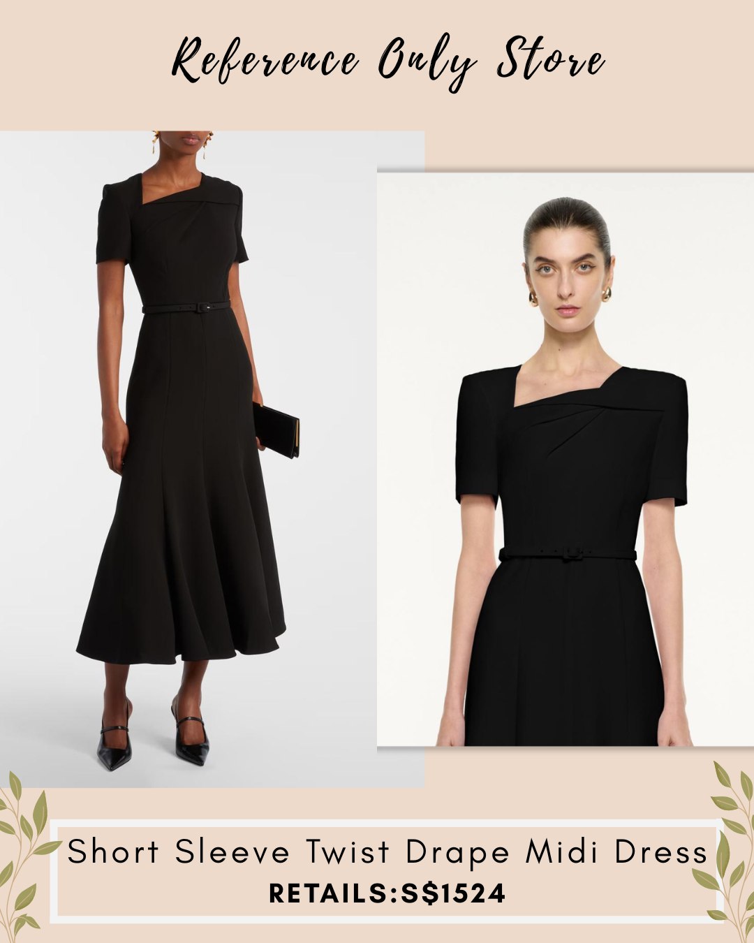 RM Black short sleeve twist drape midi dress