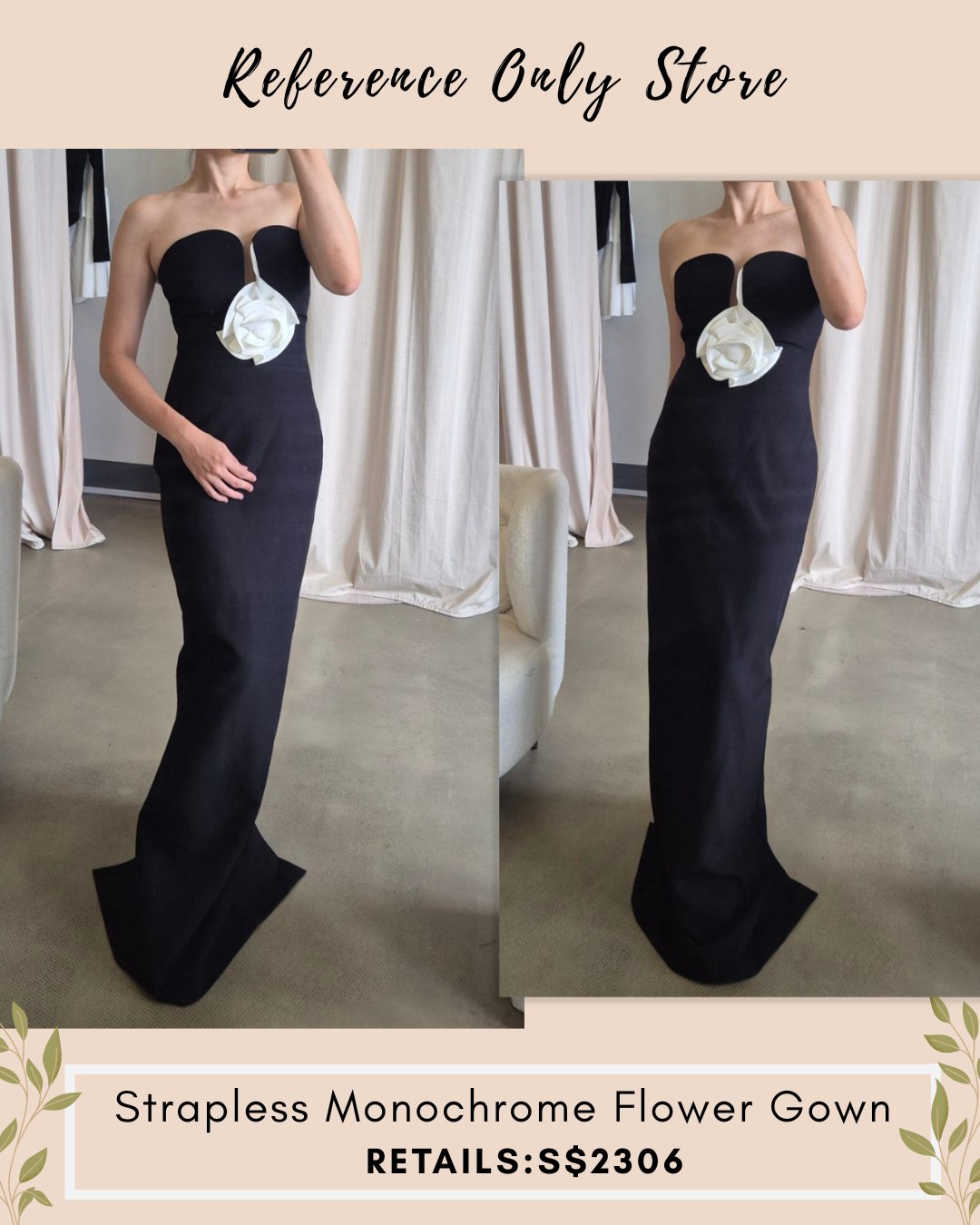 Readystock! RM Strapless monochrome flower gown