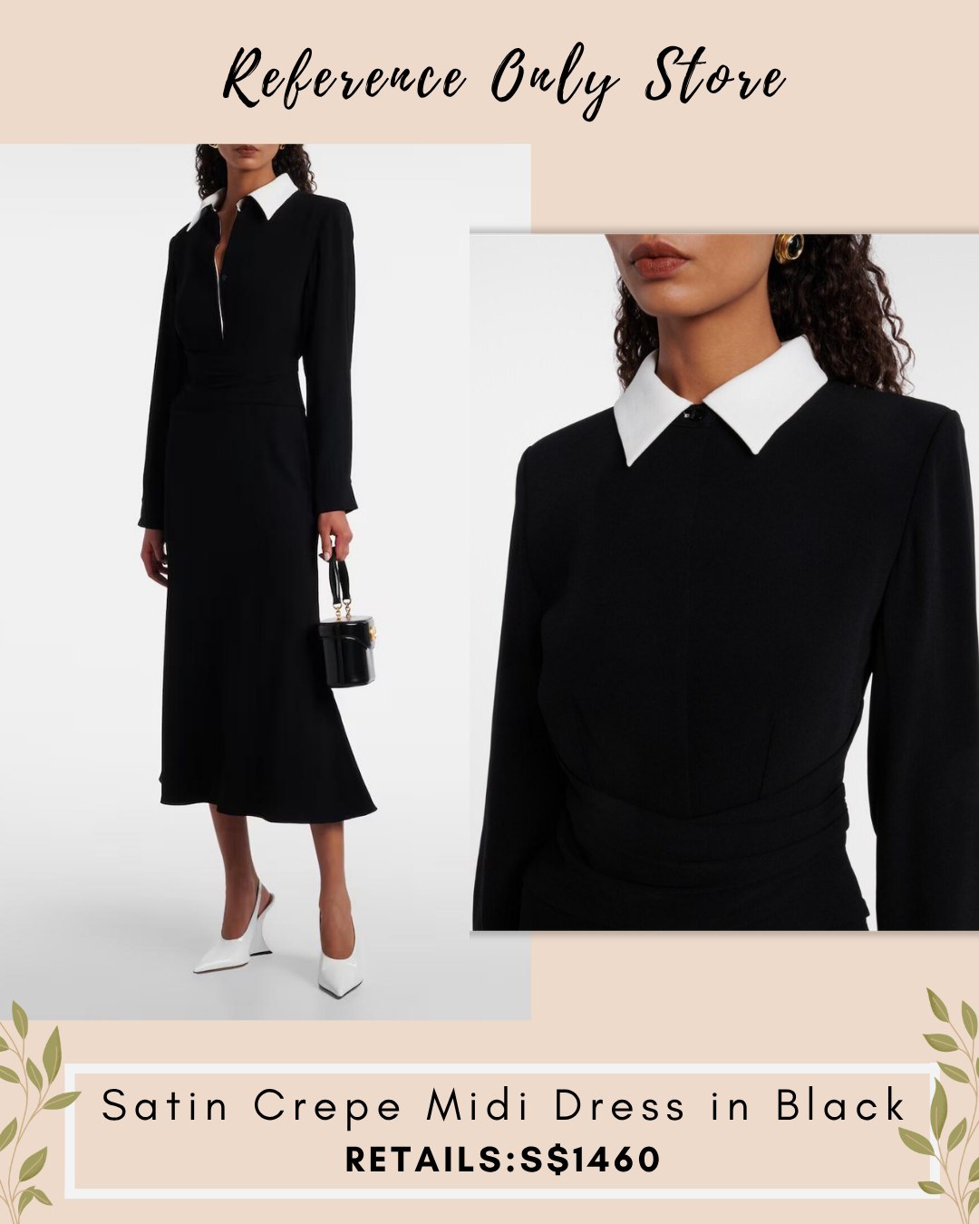 RM Satin crepe midi dress in black long sleeve