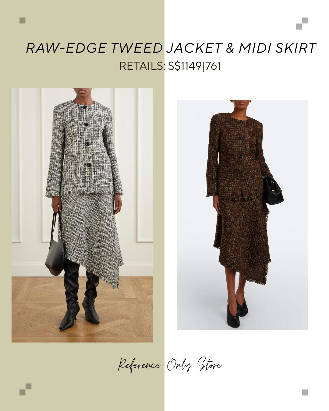 Raw Edge tweed jacket and midi skirt