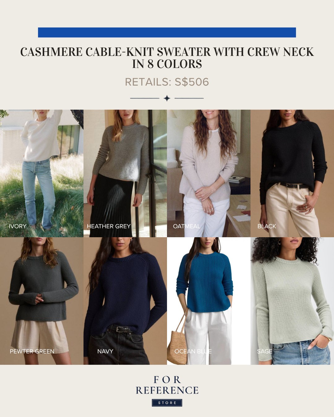 Cashmere cable knit sweater with crew neck in 8 colors
