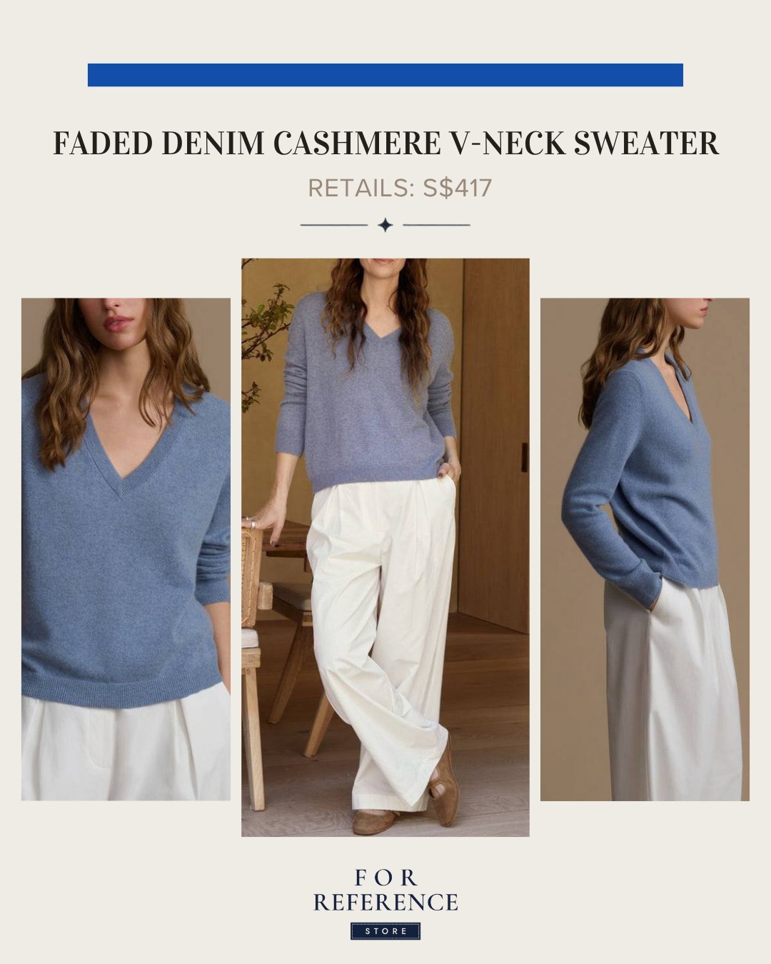 Faded denim cashmere v neck sweater