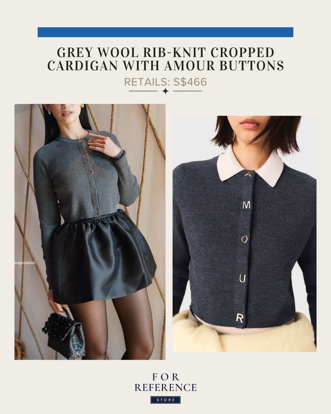 Grey wool rib knit cropped cardigan with amour buttons